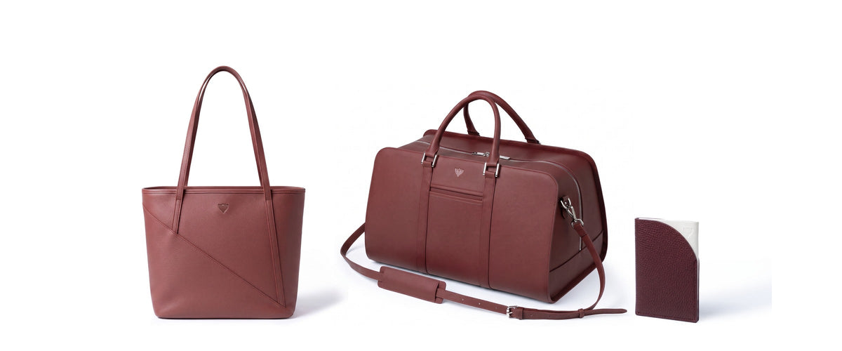 Crocus leather tote bag, duffle bag and cardholder in burgundy